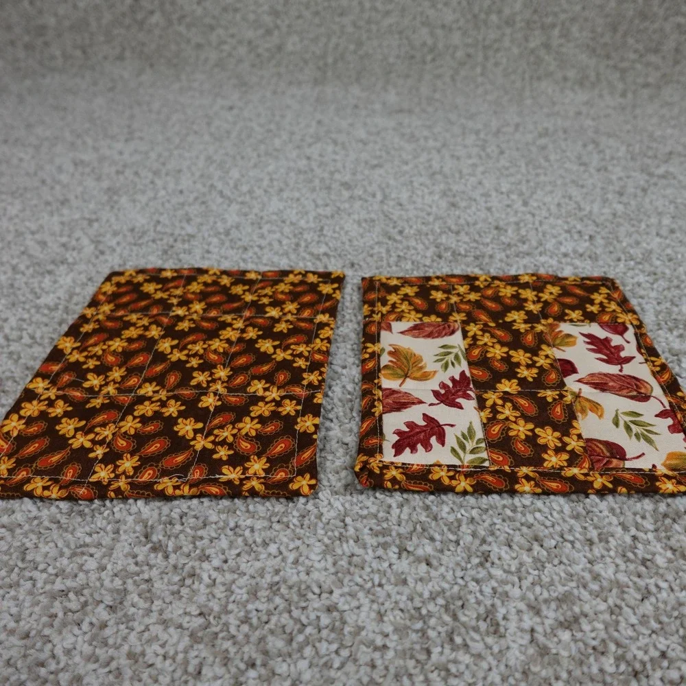 Handmade Quilted Leaf Mug Rugs Set of 2 Brown Fall Floral Cotton Coasters 6x7